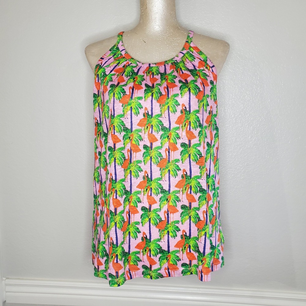 Bouffants & Broken Hearts 100% Linen Flamingo Palm Tree Tank Top L Pink
